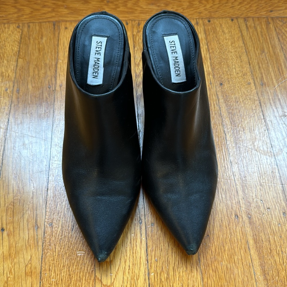 Steve Madden Solid Black Leather Block-heeled Mule - Picture 3 of 13